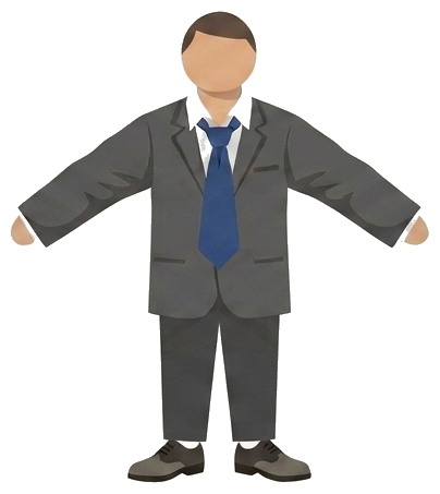 A man in a baggy, ill-fitting off-the-rack suit, the standard click-fit default